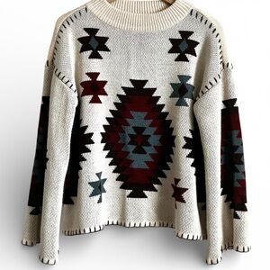 ROCKIN C Southwest Sweater Crewneck Pullover Cream Aztec Print M